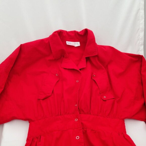 💃VINTAGE 80s Avon Bright Red Shirtdress Puff Sleeve Elastic Waist Midi 8 - Picture 8 of 10